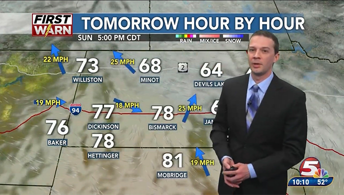 Josh Kadrmas gives a weather forecast for KFYR-TV, with the screen saying, “TOMORROW HOUR BY HOUR” and various temperature ranges.