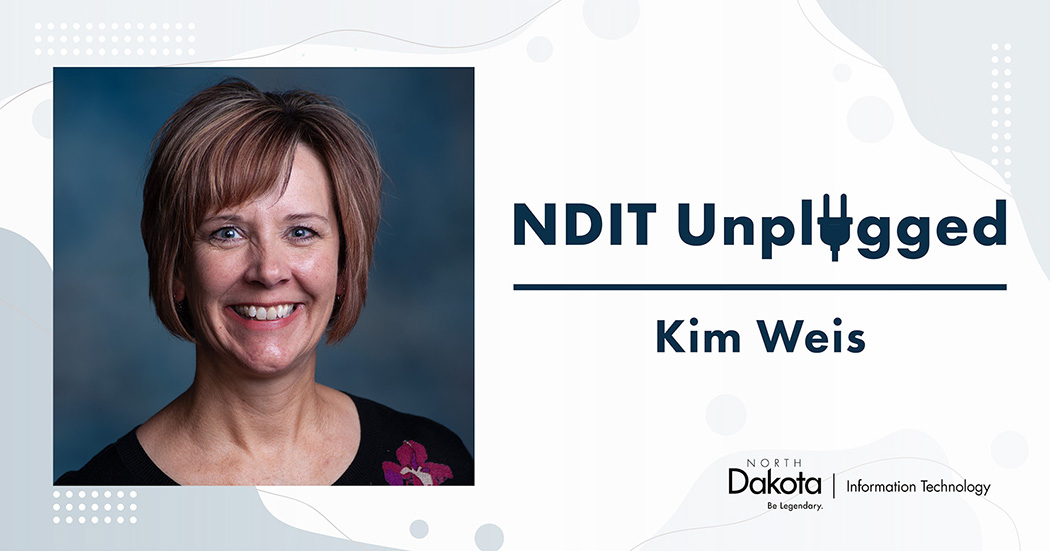 Kim Weis’ professional headshot placed in a light-colored NDIT Unplugged graphic that shows her name and NDIT’s logo.