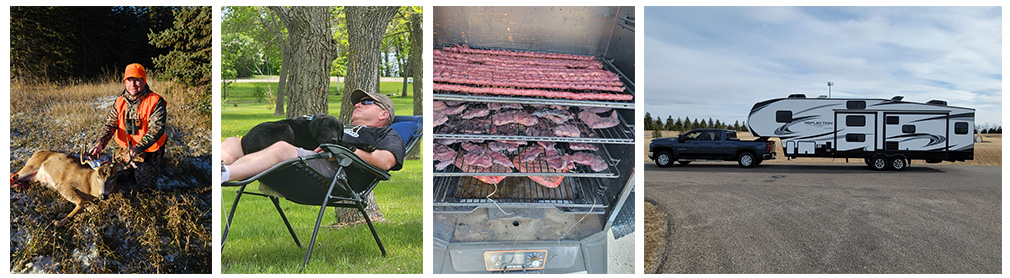 A collage of Lyle Ripplinger’s interests—a buck he hunted, a peaceful moment with a dog, smoking meats, and a travel trailer.