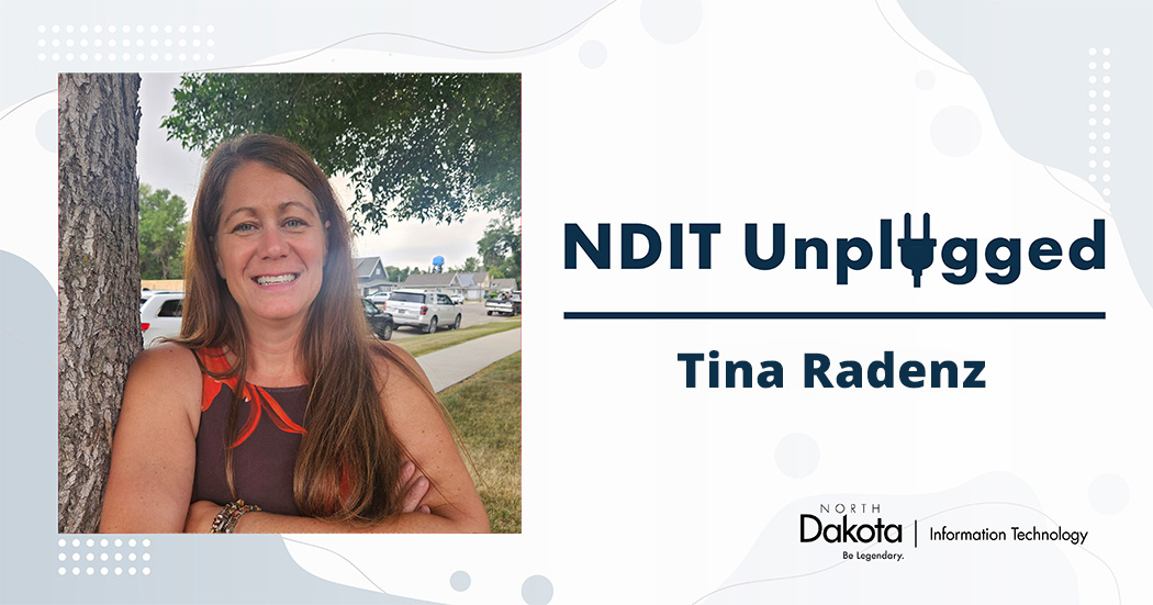 Tina Radenz’s professional headshot placed in a light-colored NDIT Unplugged graphic that shows her name and NDIT’s logo.
