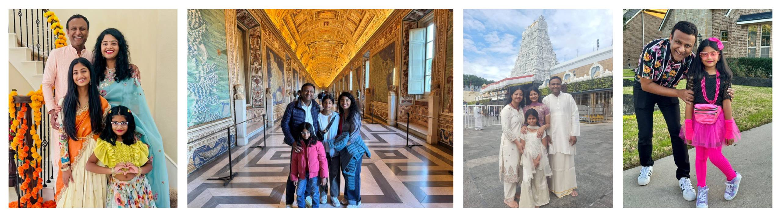 A four-image collage of Uday spending time with his wife and two daughters, from casual settings to formal events in India.