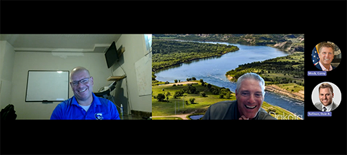 Andrew Sherwood and Greg Hoffman laugh on a video call, with headshot avatars of Corey Mock and Dain Sullivan off to the side