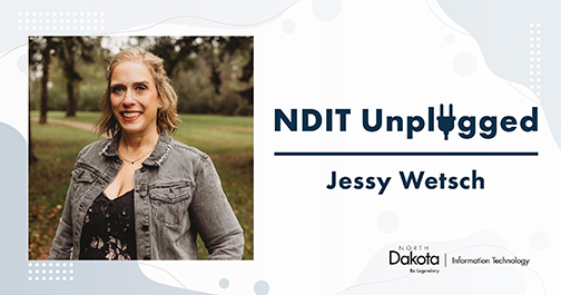 Jessy Wetsch’s professional headshot embedded in a light-colored NDIT Unplugged graphic that shows her name and NDIT’s logo.