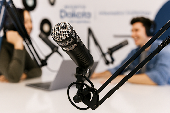 A podcast microphone in focus with a man and woman out of focus while talking in the background.