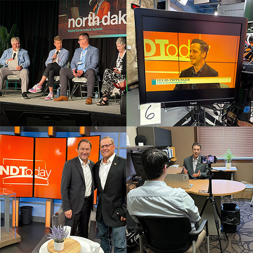 A collage of NDIT cybersecurity team members giving media interviews in four different settings.