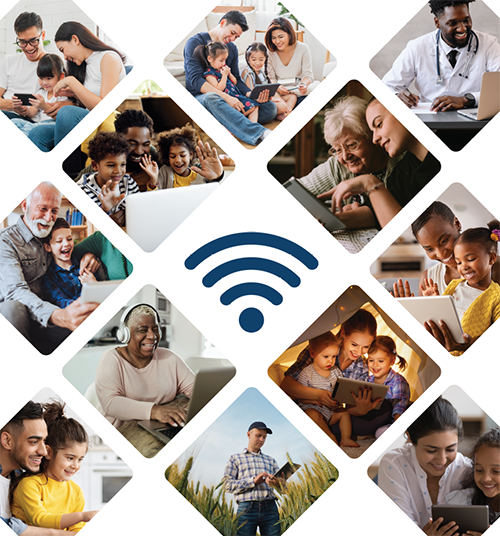 Squares of images that represent families and individuals using wifi.