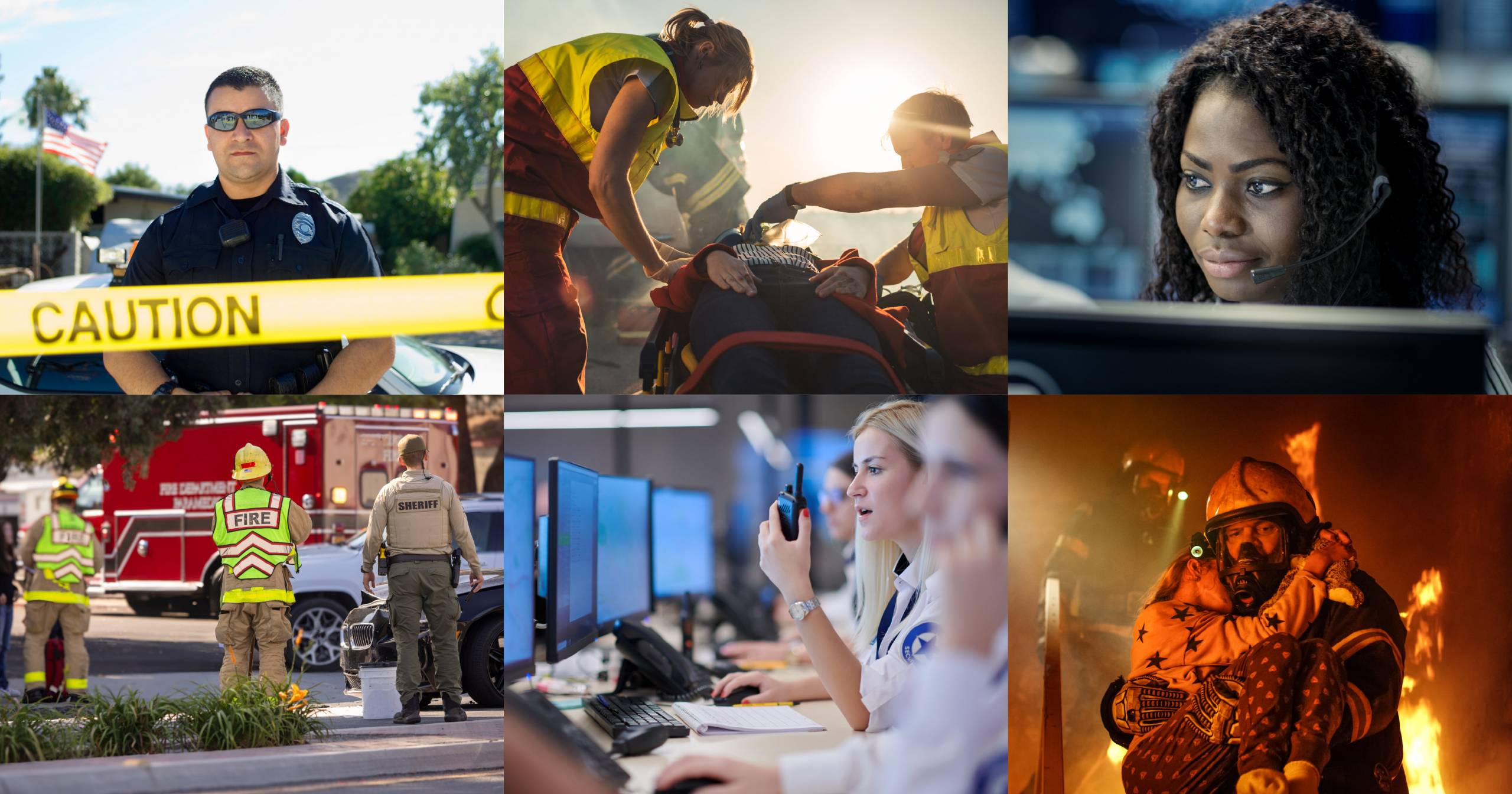 Collage of a policeman, firefighter, dispatcher, EMTs, and other first responders who might use SIRN radios for public safety.
