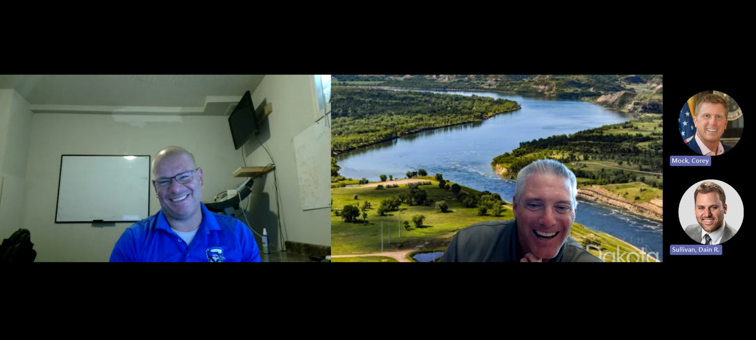 Andrew Sherwood and Greg Hoffman laugh on a video call, with headshot avatars of Corey Mock and Dain Sullivan off to the side