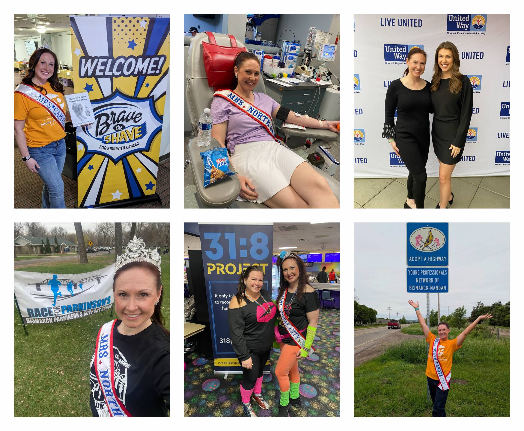 a photo collage of different ways Dana Henry gives back to the community including brave the shave events, donating blood, adopting a highway, united way, race against parkinsons, and the 31:8 project