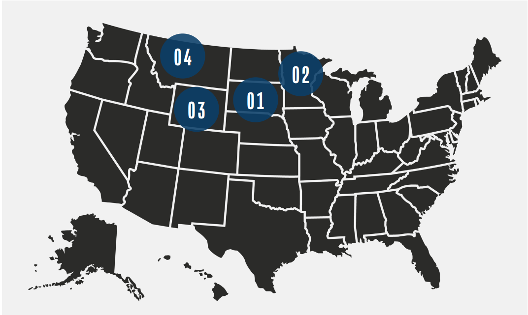 Map of united states with icons at South Dakota, Minnesota, Wyoming, and Montana