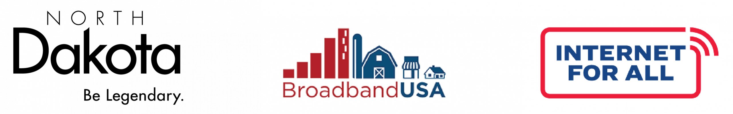 North Dakota be legendary logo, broadband USA logo, Internet for all logo